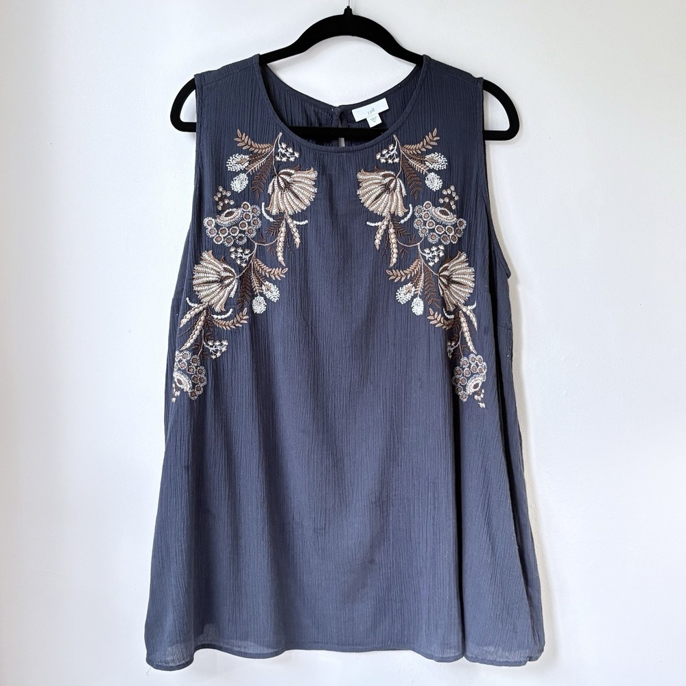 J Jill Embroidered Sleeveless Top XL Navy Floral Lagenlook Boho